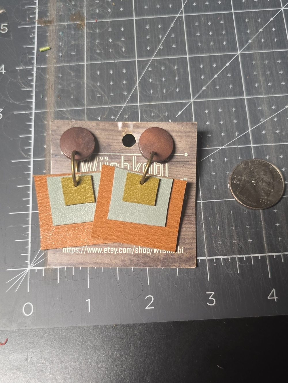 Leather Geometric Square Earrings in Tan, Light Blue & Mustard
